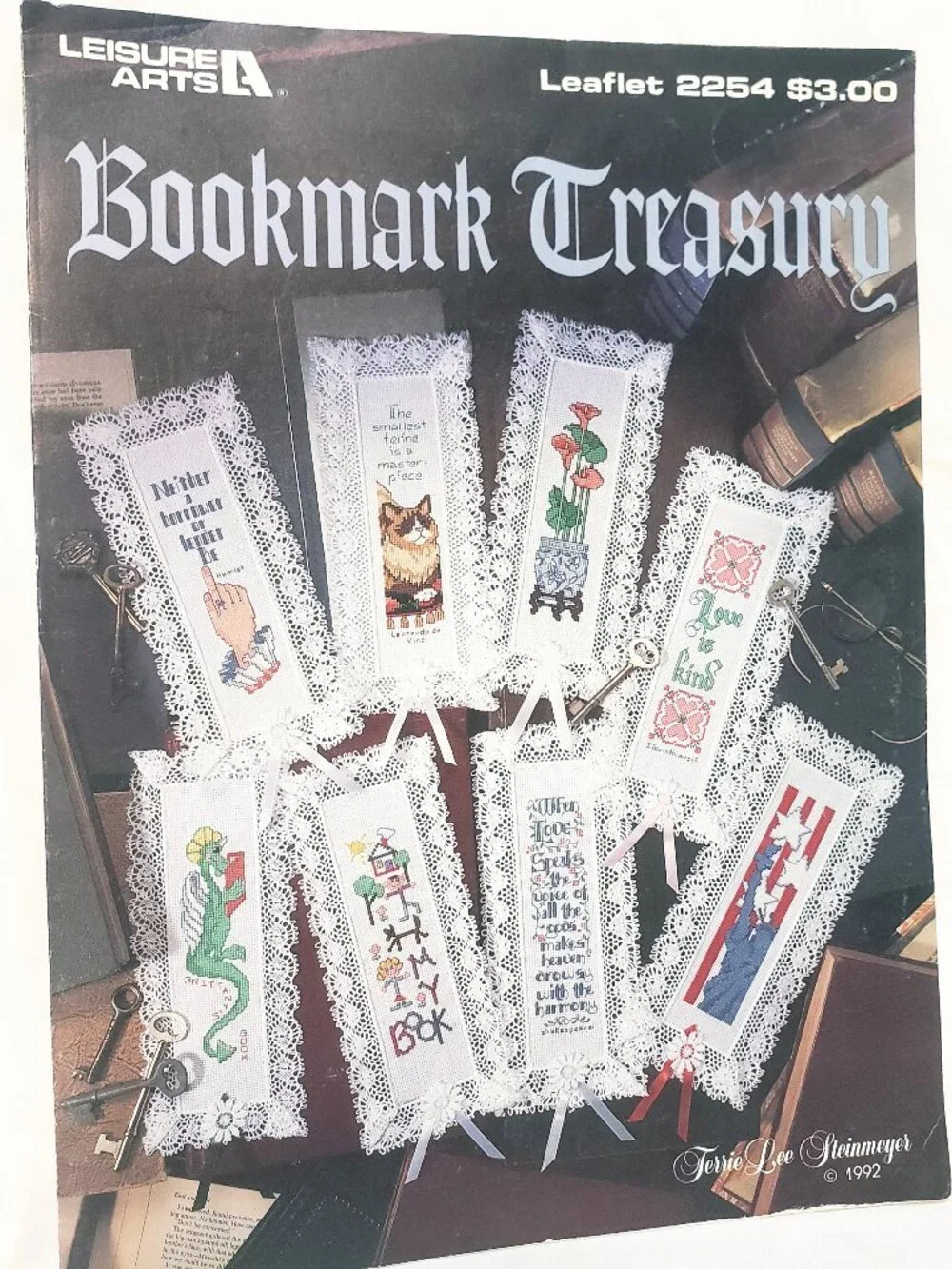 Bookmark Treasury Cross Stitch Leaflet 2254 Leisure Arts 1992 Dragon Cat Flowers